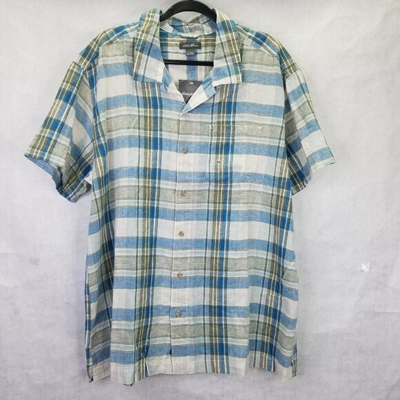 Eddie Bauer Camp Shirt Men's XXL Plaid Short Sleeve Button Up Blue Linen Cotton - Picture 1 of 16